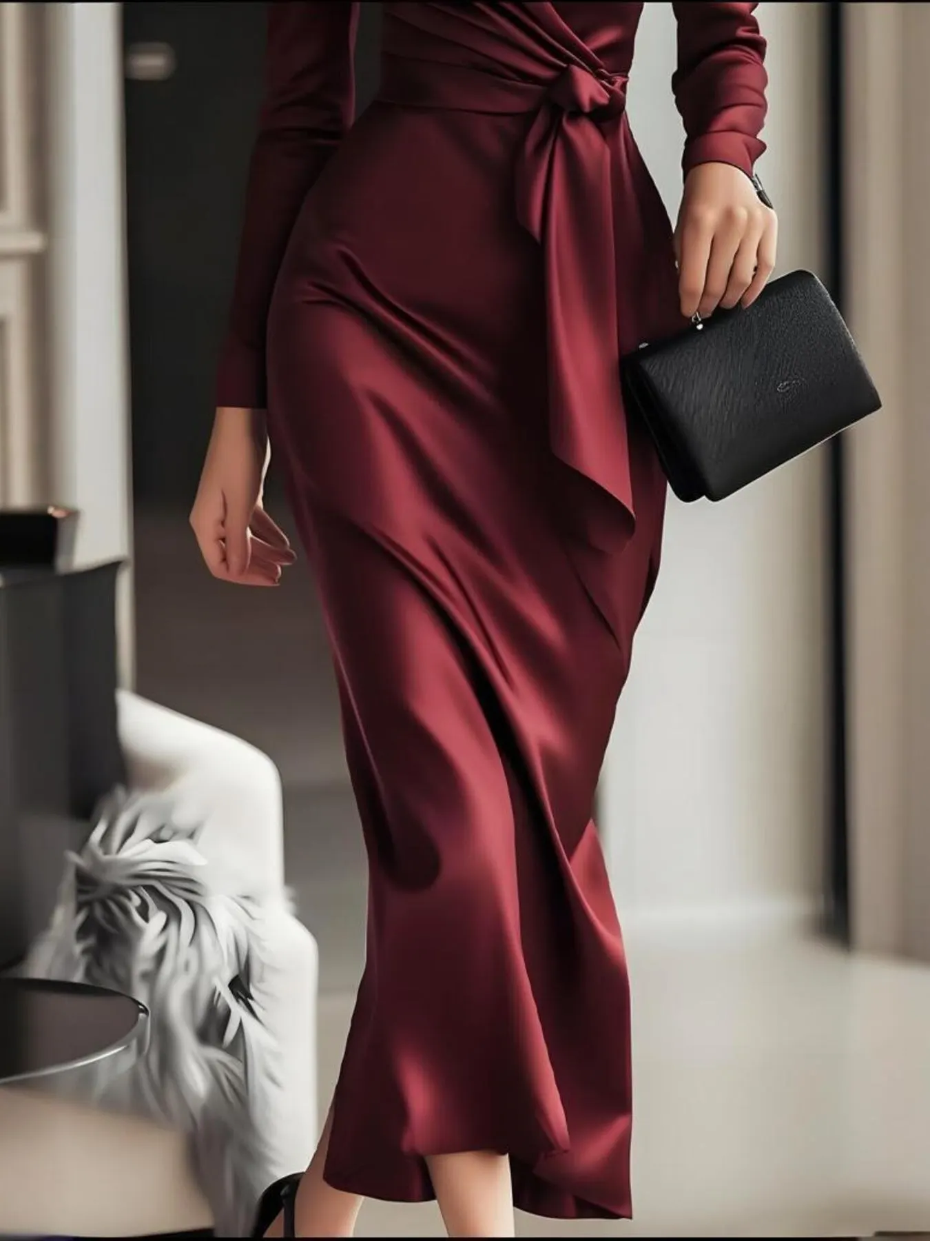 Surplice Satin Long Sleeve Dress - Red