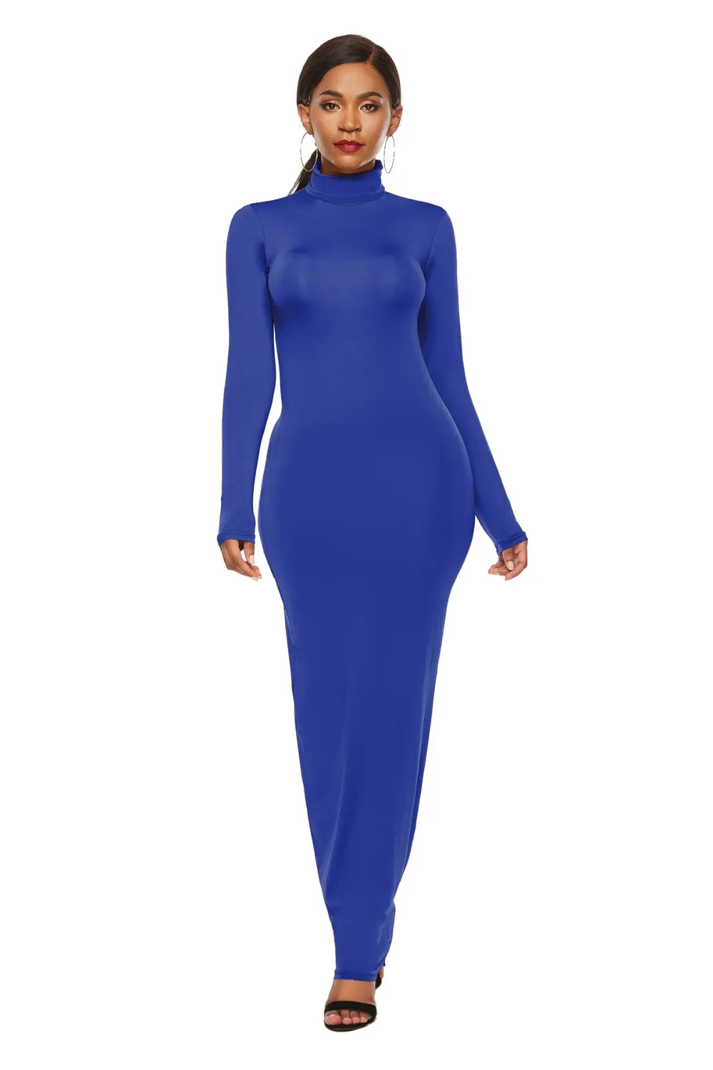 Mock Neck Long Sleeve Maxi Slim Dress - Royal Blue