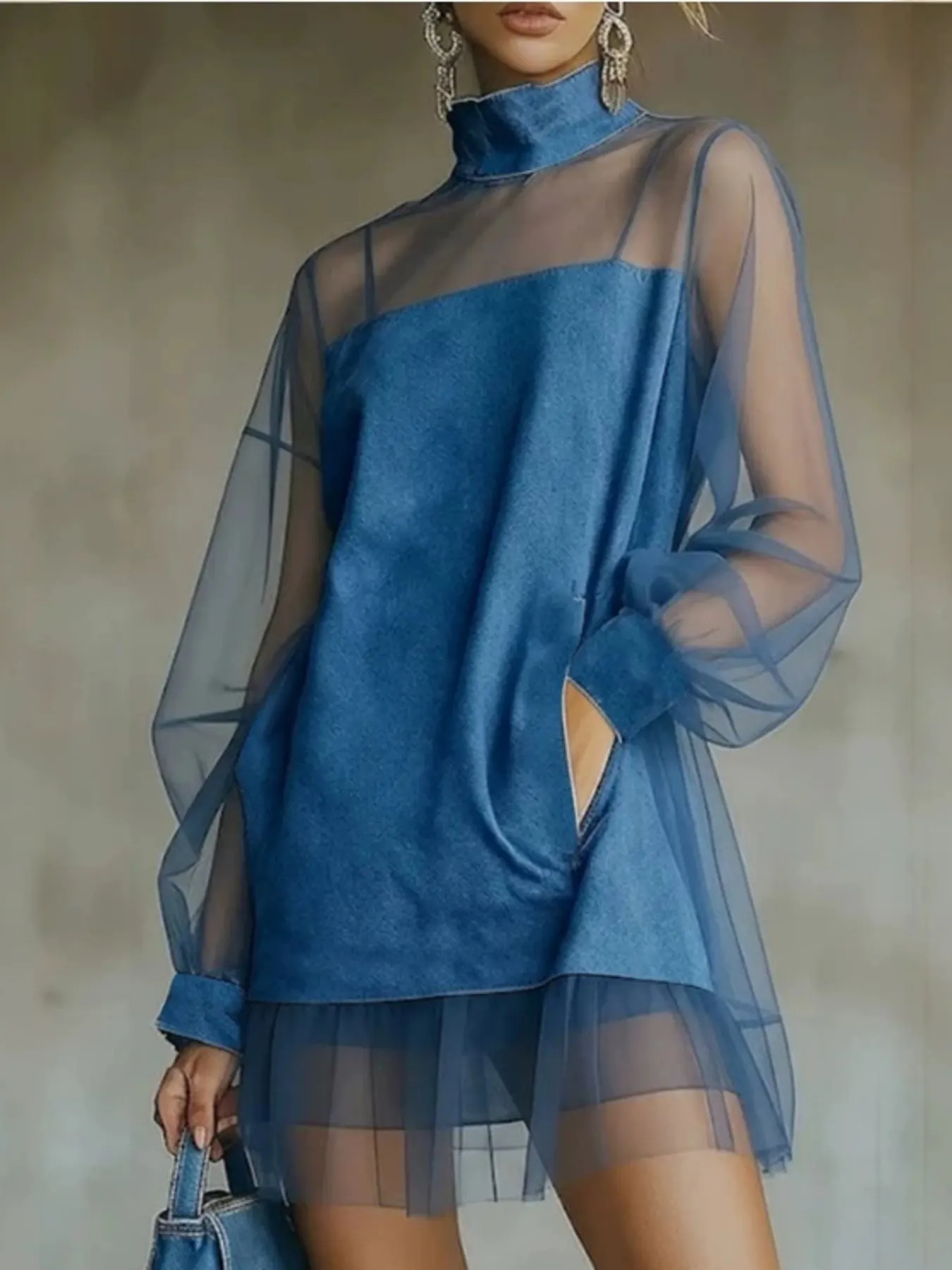 Sheer Mesh Turtleneck Mini Dress - Peacock  Blue
