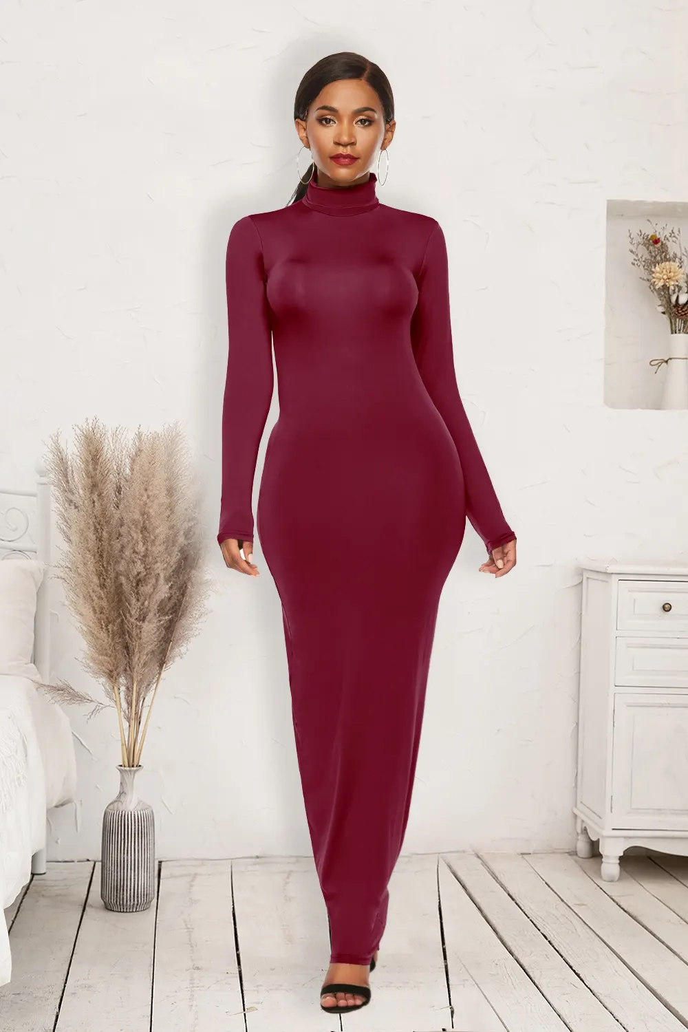 Mock Neck Long Sleeve Maxi Slim Dress - Burgundy
