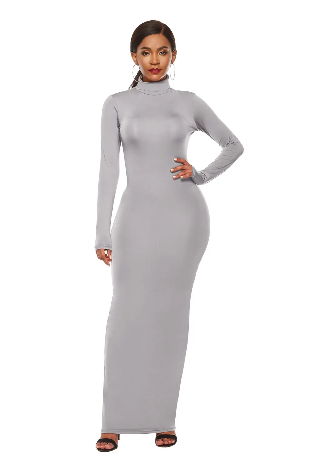Mock Neck Long Sleeve Maxi Slim Dress - Light Gray