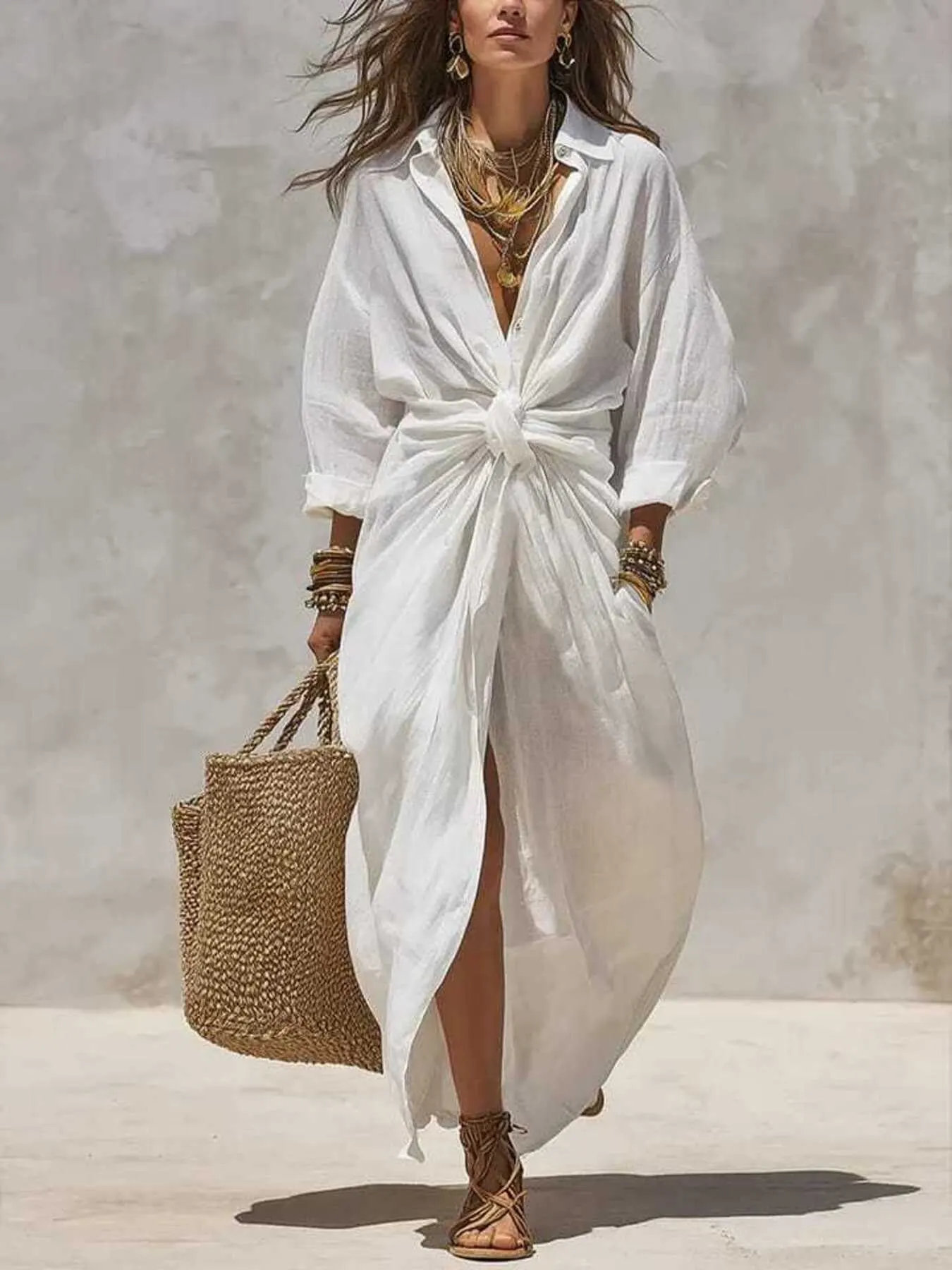 Front-Tie Maxi Shirt Dress - White