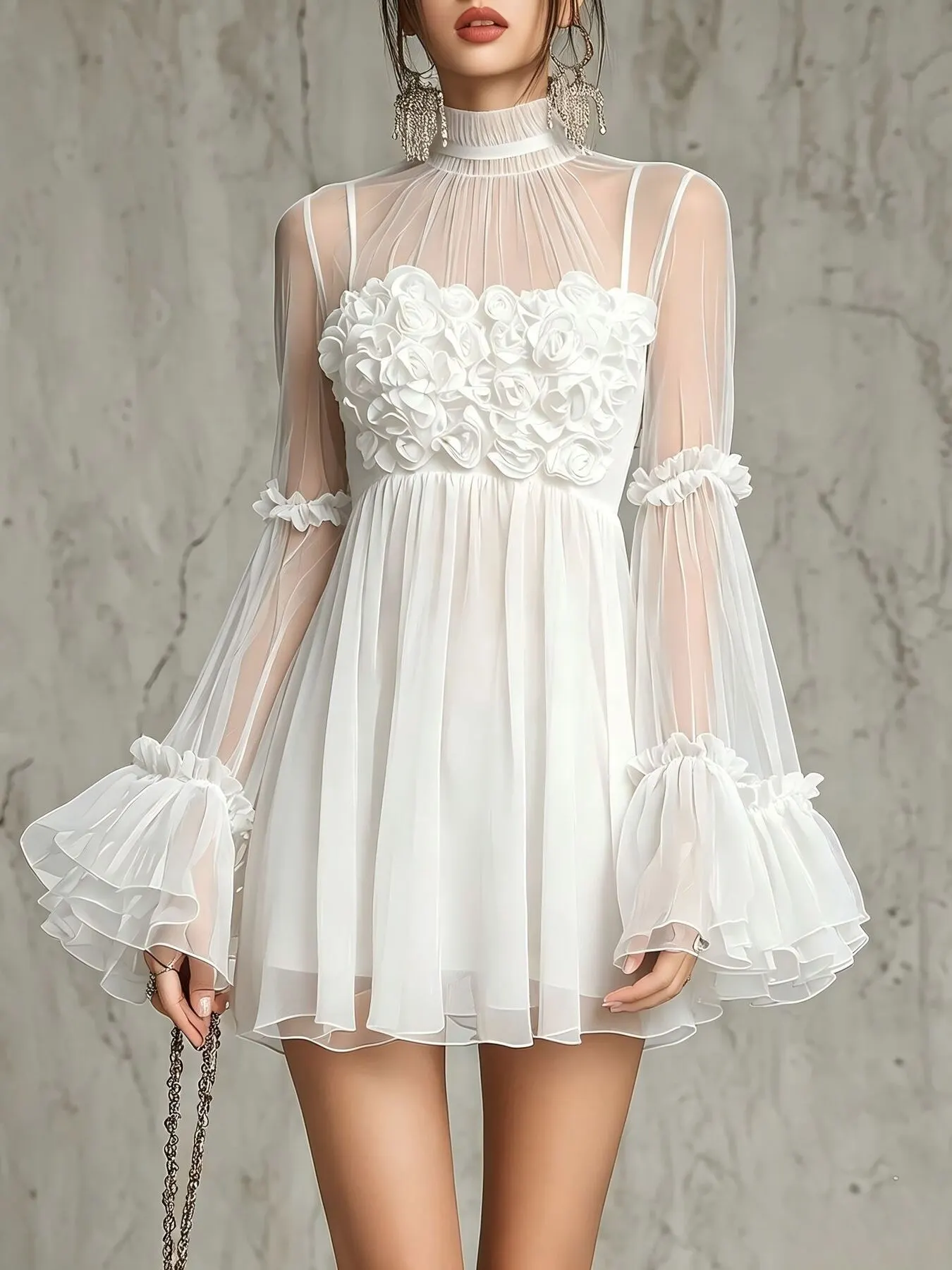 Sheer Mesh Rose Applique Mini Dress - White