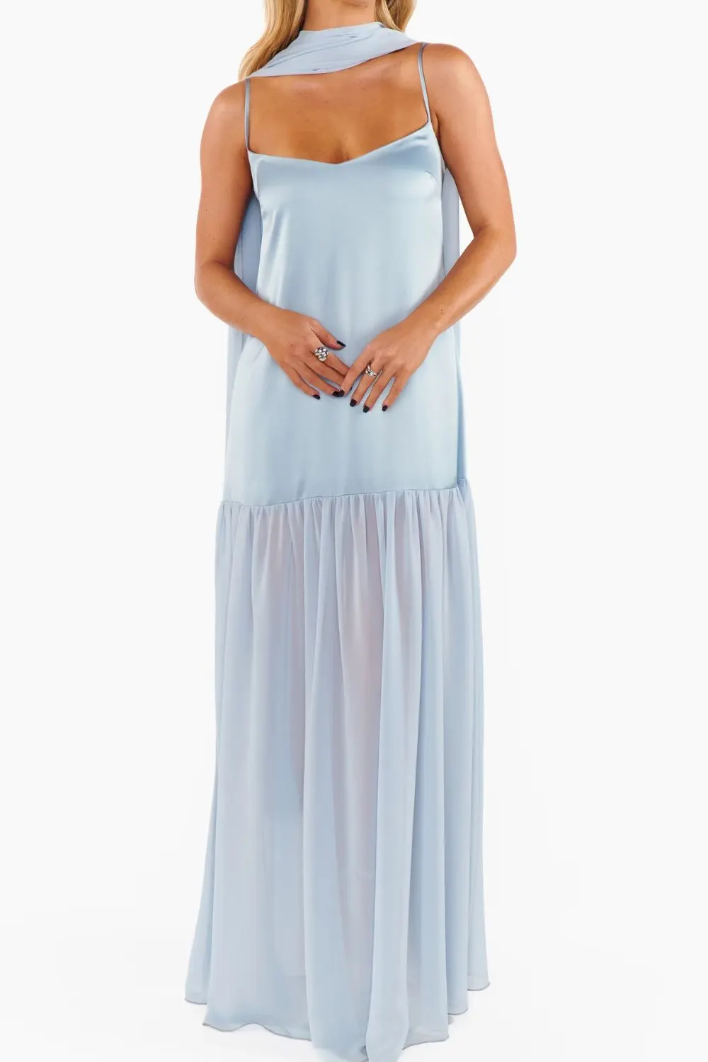 Adjustable Strap Maxi Cami Dress with Scarf - Light Blue
