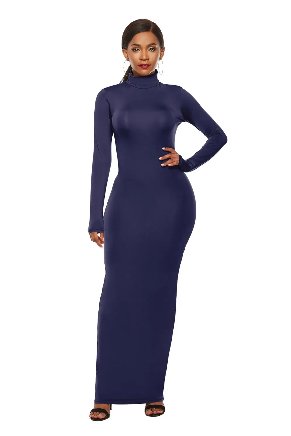 Mock Neck Long Sleeve Maxi Slim Dress - Dark Blue