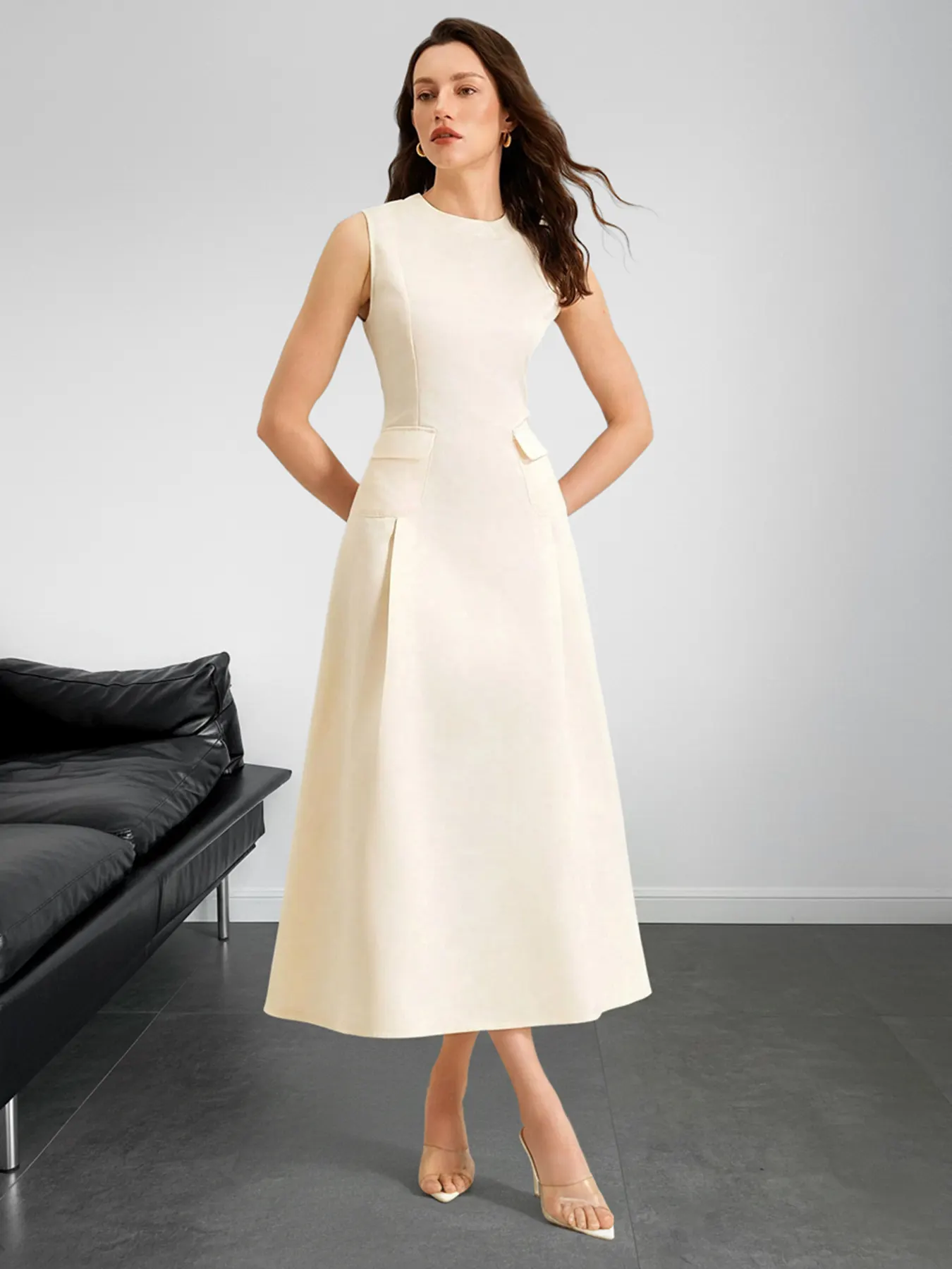 Sleeveless A-Line Midi Dress with Pockets - Apricot