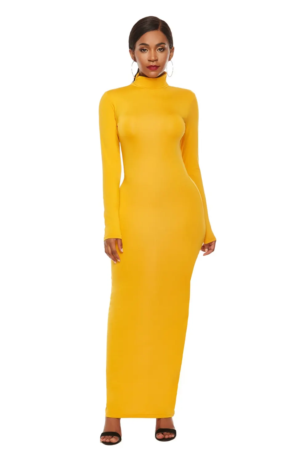 Mock Neck Long Sleeve Maxi Slim Dress - Gold