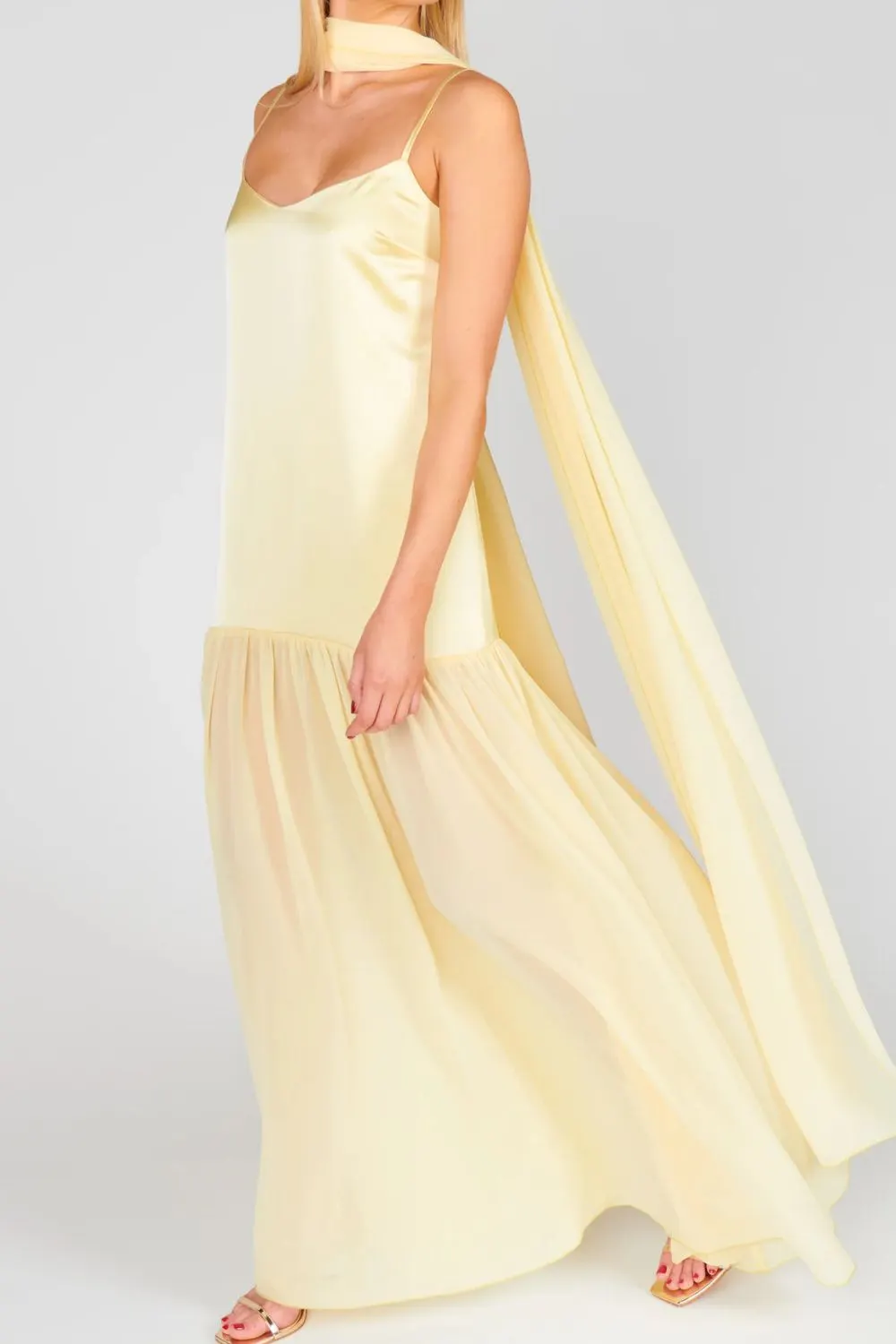 Adjustable Strap Maxi Cami Dress with Scarf - Pastel Yellow