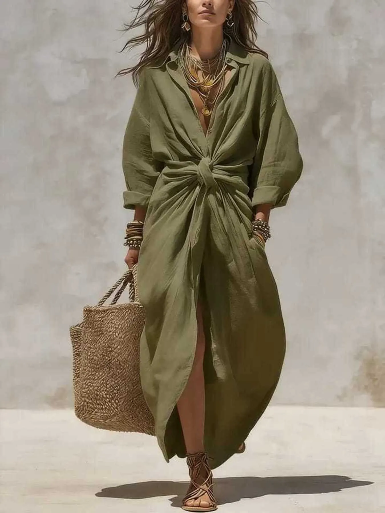 Front-Tie Maxi Shirt Dress - Army Green