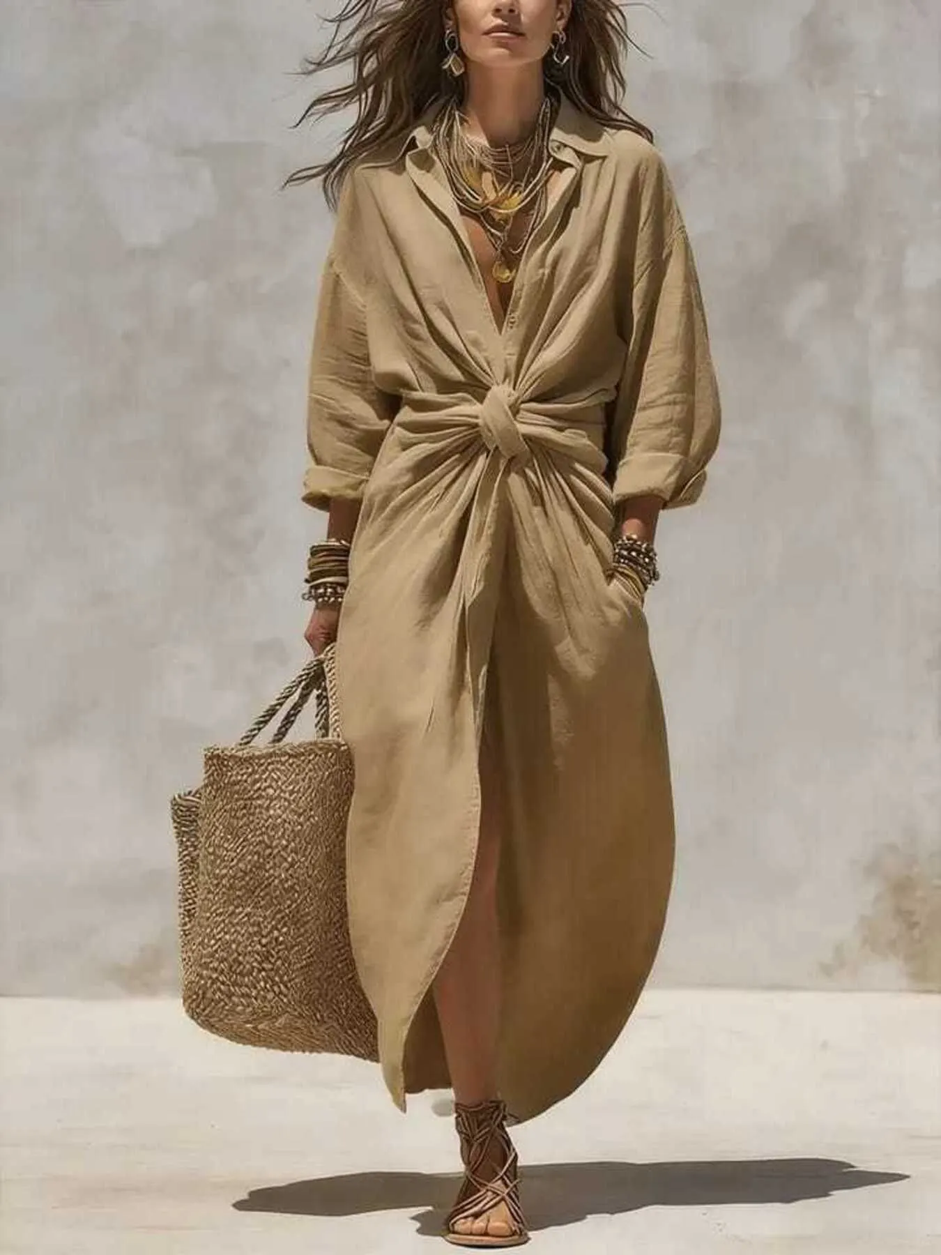 Front-Tie Maxi Shirt Dress - Camel