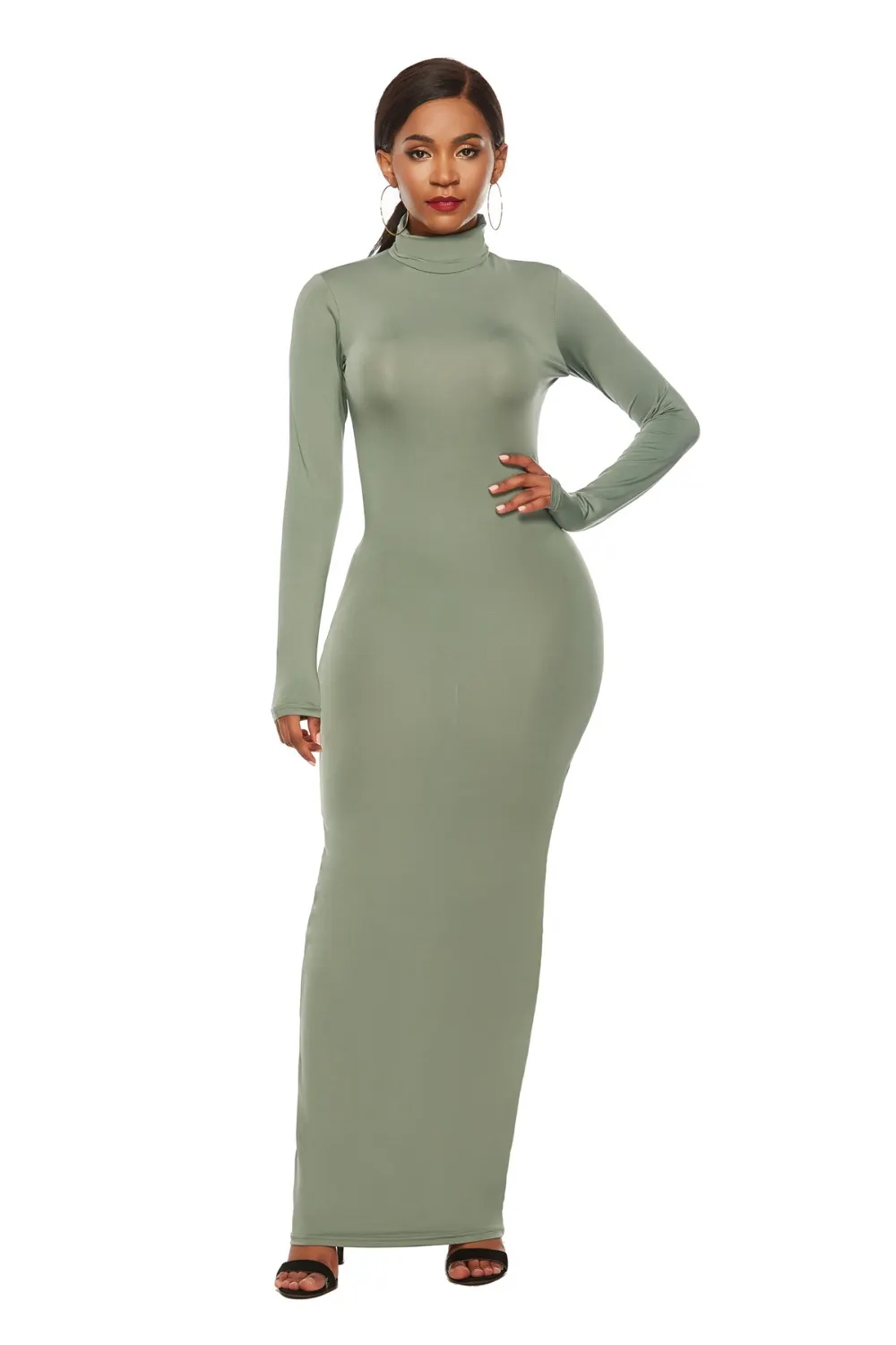 Mock Neck Long Sleeve Maxi Slim Dress - Sage