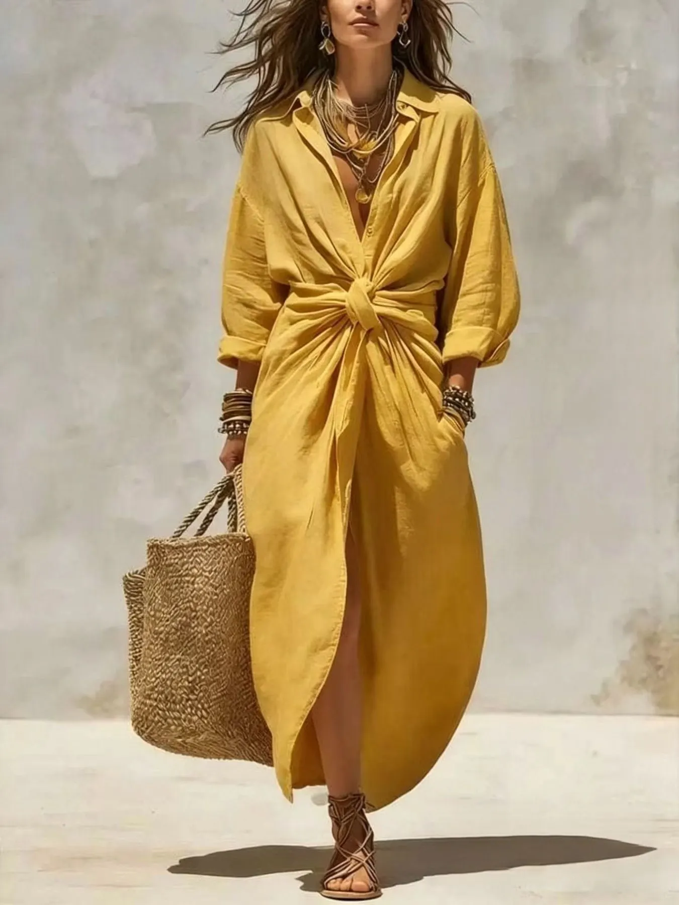 Front-Tie Maxi Shirt Dress - Mustard